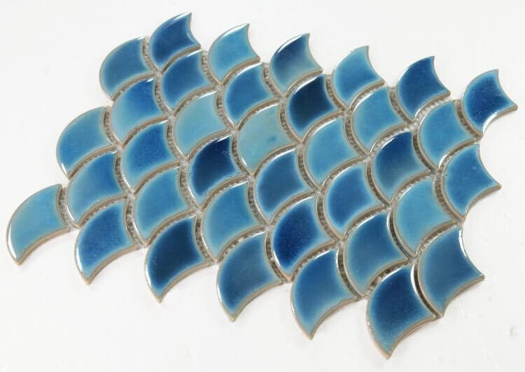 Dragon Scale Navy porcelain mosaic tile, multi-blue shades, ideal for pools, 9.75 x 12 inches, handmade, 1/4 inch thick.