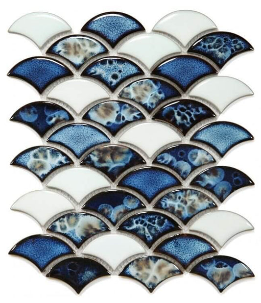 Dragon Scale Ocean porcelain mosaic in blue and white, 9.75x12 size, ideal for swimming pools.