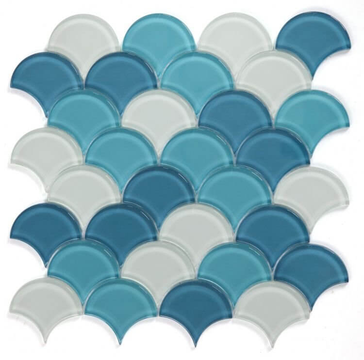 Dragon Scale Ocean Glass mosaic in shades of blue and white, perfect for swimming pool installation.