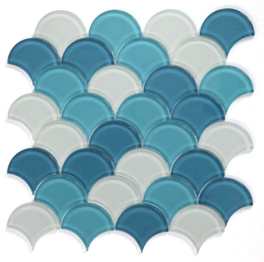 Dragon Scale Ocean Glass mosaic in shades of blue and white, perfect for swimming pool installation.