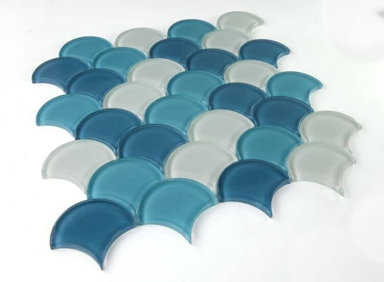 Dragon Scale Ocean Glass mosaic in blue and white, ideal for swimming pool installation, 12x12 size.