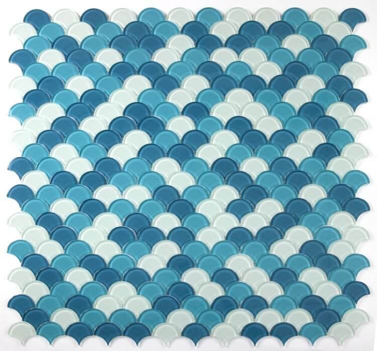 Dragon Scale Ocean Glass mosaic in shades of blue and white, ideal for swimming pool installations.