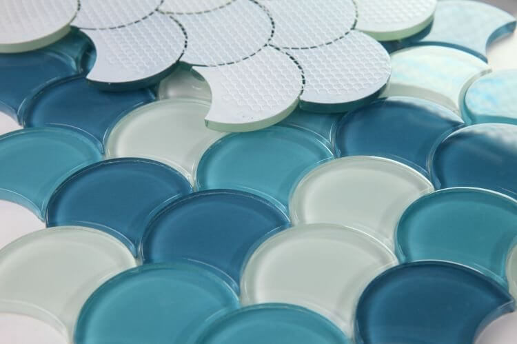 Dragon Scale Ocean Glass mosaic with blue and white tiles, perfect for swimming pool installations.