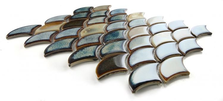 Dragon Scale Olive porcelain mosaic tiles in blue, yellow, and beige, 10x12 inches, handmade and pool rated.