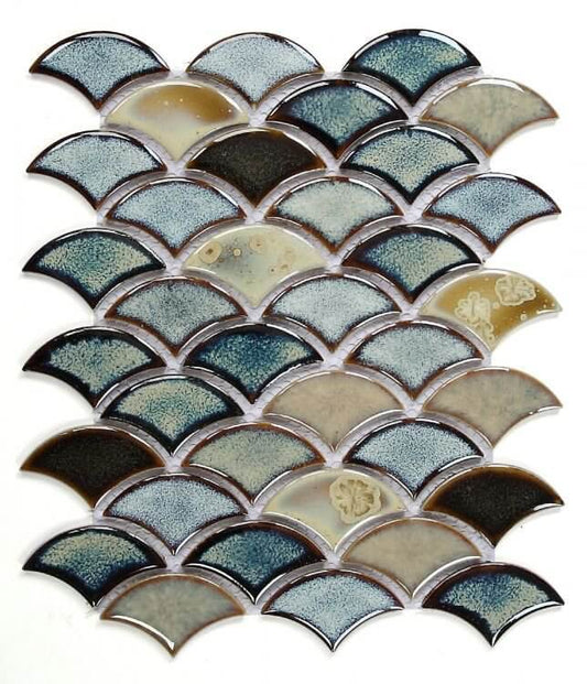 Roman Dragon Scale Olive porcelain mosaic tile in blue, yellow, and beige; ideal for swimming pools and handmade design.