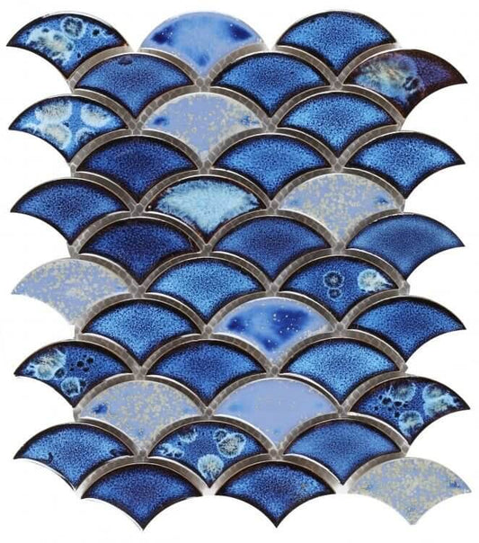 Dragon Scale Royal Blue mosaic tiles featuring rich blue tones and a unique scale pattern, ideal for pool use.