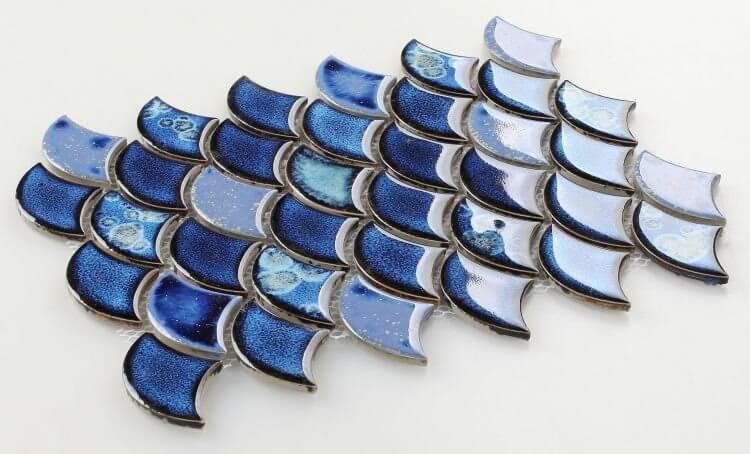 Dragon Scale Royal Blue mosaic tiles with varying blue shades, ideal for swimming pools and decorative projects.