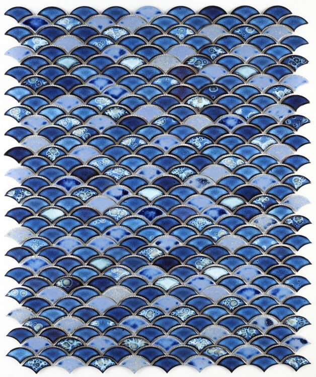 Dragon Scale Royal Blue porcelain tiles in a mosaic pattern, 9.75x12 inches, showcasing rich royal blue hues and variations.