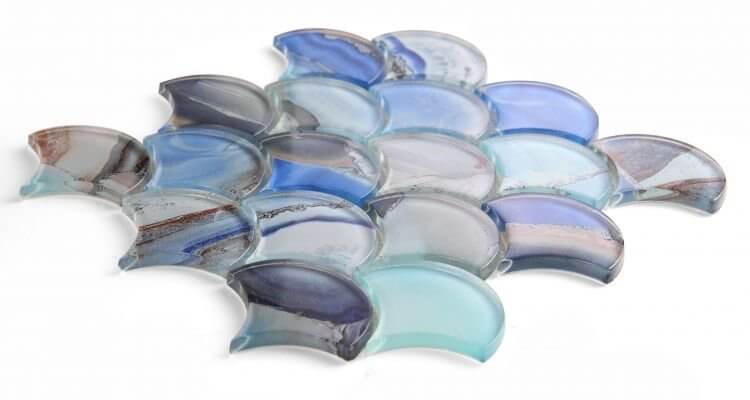 Dragon Scale Shell Blue glass mosaic tiles showcasing ocean-inspired colors in a dynamic design.