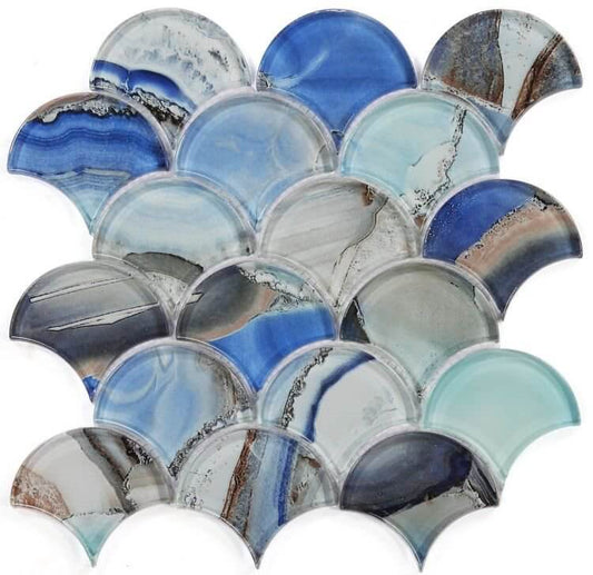 Dragon Scale Shell Blue glass mosaics in a wave pattern, 9.5 x 9.75 inch tiles reflecting ocean hues.