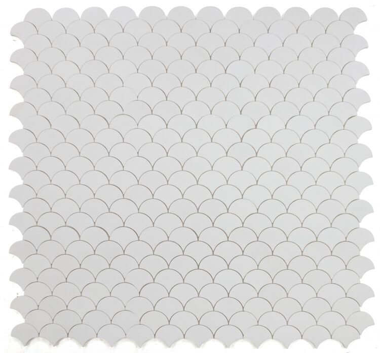 Dragon Scale Thassos marble mosaic tile in polished white finish, perfect for elegant home decor.