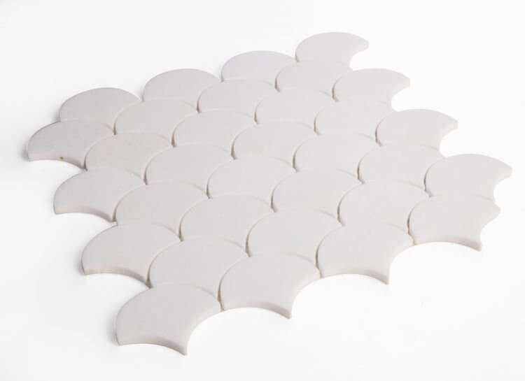 Dragon Scale Thassos mosaic tile in polished white marble, 11.75 x 12 inches, ideal for elegant interiors.