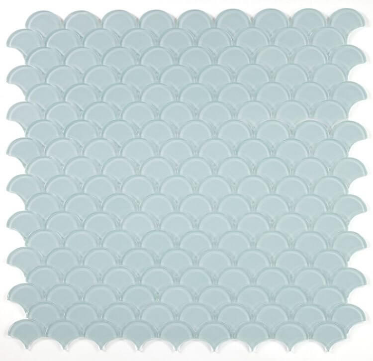 Dragon Scale Turquoise glass mosaic in glossy blue-green finish, 9.5x9.5 inches, pool rated for swimming pools.