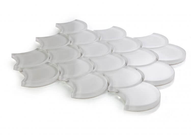 Dragon Scale White Glass mosaic tiles measuring 9.5 x 9.75 in a unique dragon scale pattern.
