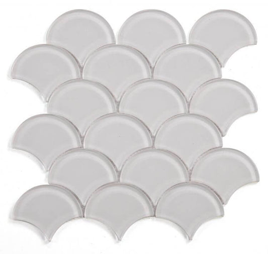 Dragon Scale White Glass mosaic tiles in a fan shape pattern, ideal for swimming pool installations.