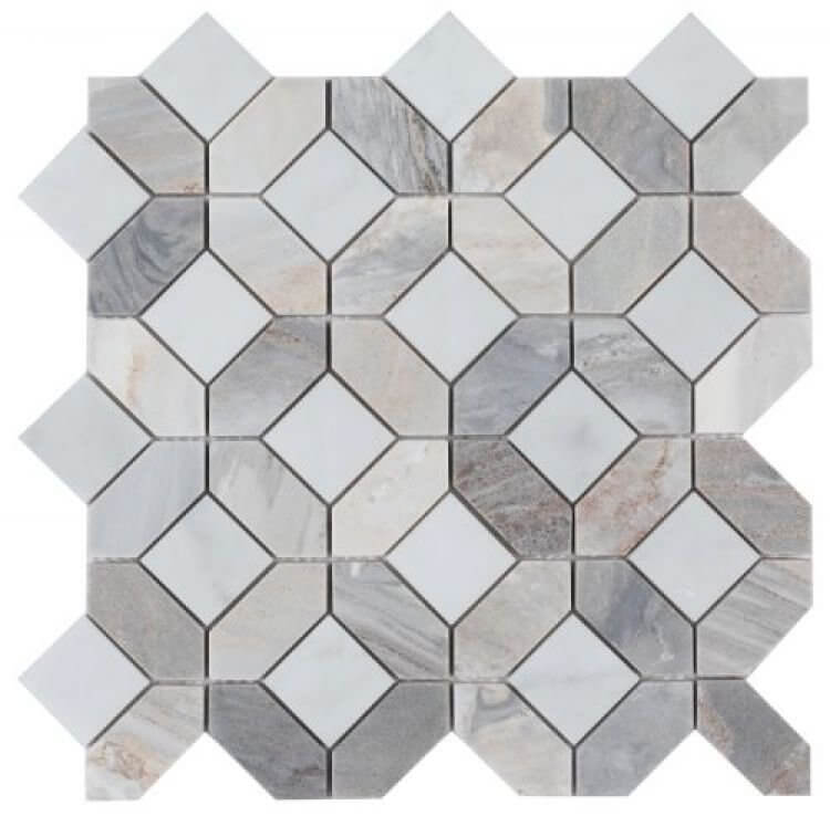 Dimensional Diamond Carrara Blue Sky 12.25" x 12.25" Marble Mosaic Tile featuring soft blues and grays.