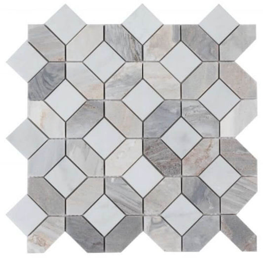 Dimensional Diamond Carrara Blue Sky 12.25" x 12.25" Marble Mosaic Tile featuring soft blues and grays.