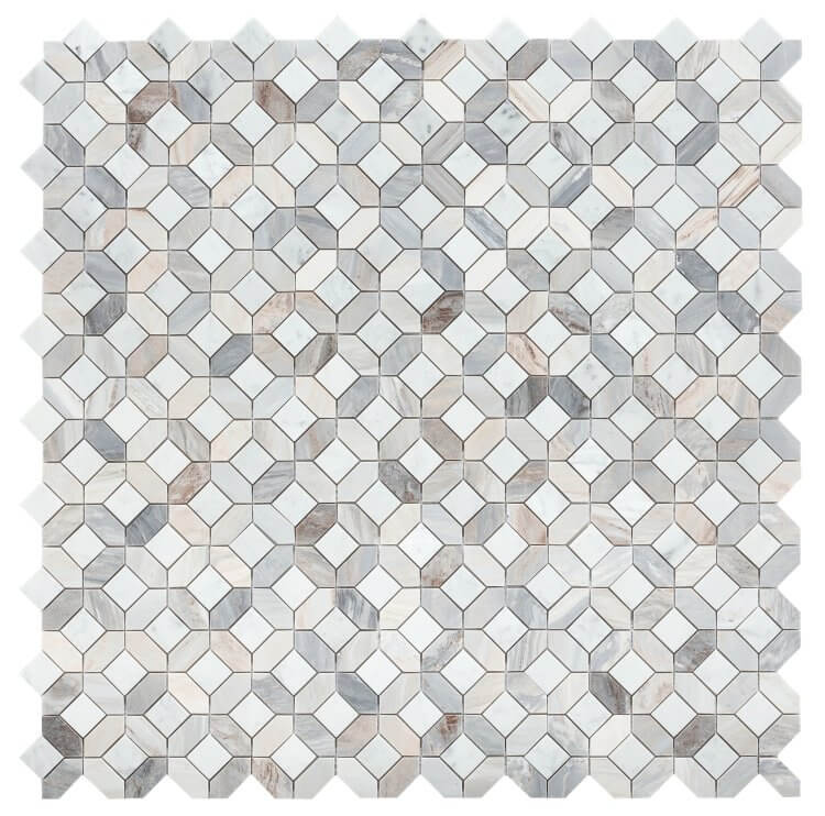 Dimensional Diamond Carrara Blue Sky 12.25x12.25 marble mosaic tile with soft blues, grays, and whites, resembling a serene sky.