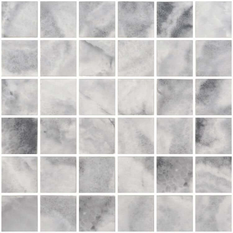 Ecostone Penta Onice Matte mosaic tile, 12.25 x 12.25, made from recycled glass, featuring gray and white patterns.