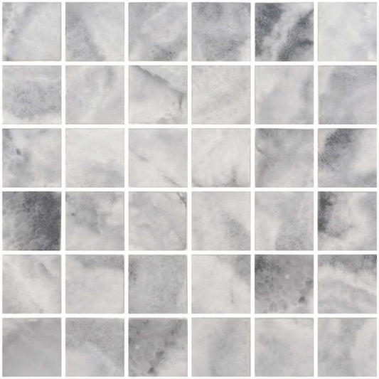 Ecostone Penta Onice Matte mosaic tile, 12.25 x 12.25, made from recycled glass, featuring gray and white patterns.