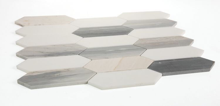Elongated Hex Blue Marble Mosaic Tiles 11.75x15 in honed finish featuring a mix of white and blue tones.