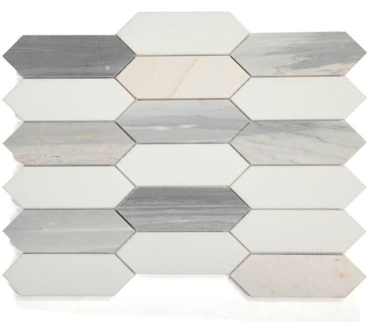 Elongated Hex Blue marble mosaic tiles 11.75x15 in honed finish featuring white and palissandro blue marble.