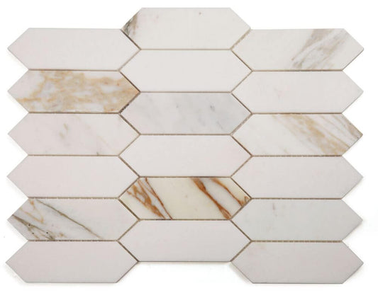Elongated Hex Calacatta 11.75 x 15 polished white and gold marble mosaic tiles on display.