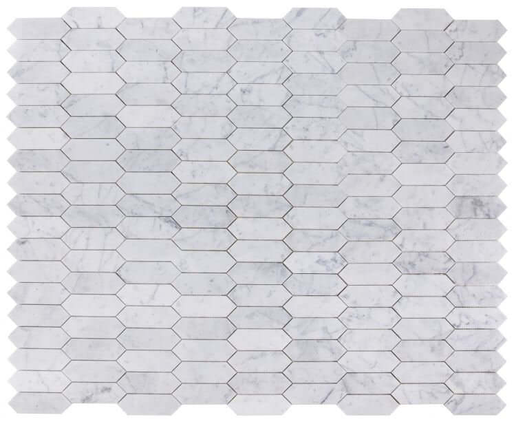 Elongated Hex Carrara Honed marble mosaics 11.75x15 in white, featuring long hexagon pieces with a honed finish.