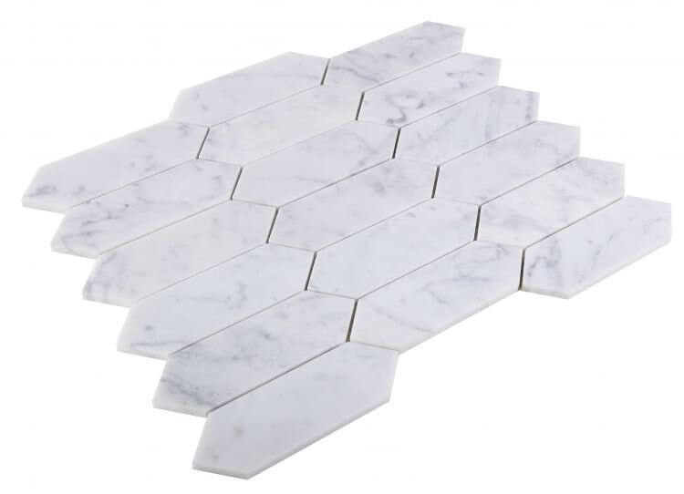 Elongated Hex Carrara Honed marble tiles in hexagon shape, 11.75x15 in size, featuring a white honed finish.