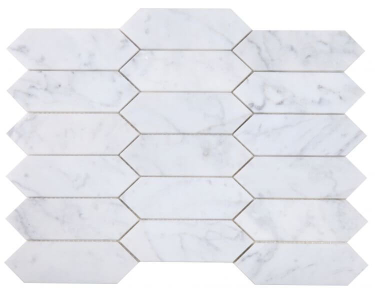 Elongated Hex Carrara Honed marble tiles in hexagon shape, 11.75x15 inches, featuring a white, honed finish.