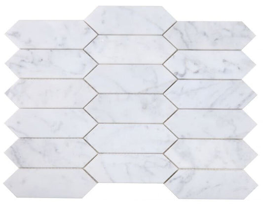 Elongated Hex Carrara Honed marble tiles in hexagon shape, 11.75x15 inches, featuring a white, honed finish.