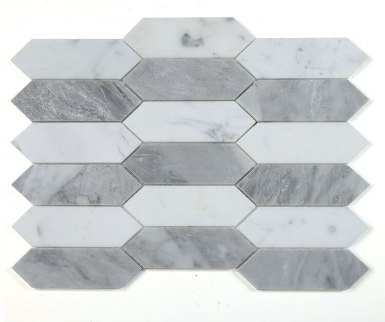 Elongated Hex Dusk mosaic tile 11.75 x 15 in Carrara and Bardiglio marble, polished grey and white finish.