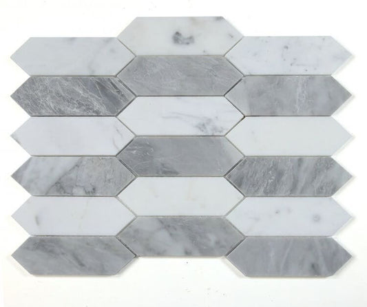 Elongated Hex Dusk mosaic tile 11.75 x 15 in Carrara and Bardiglio marble, polished grey and white finish.