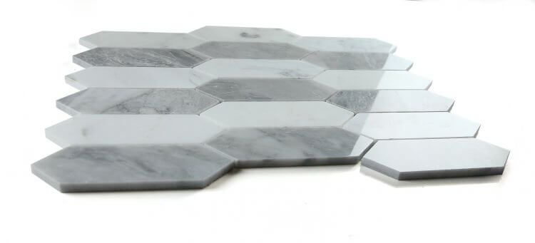 Elongated Hex Dusk marble mosaic tiles in grey and white, 11.75x15 inches, polished finish, perfect for elegant designs.