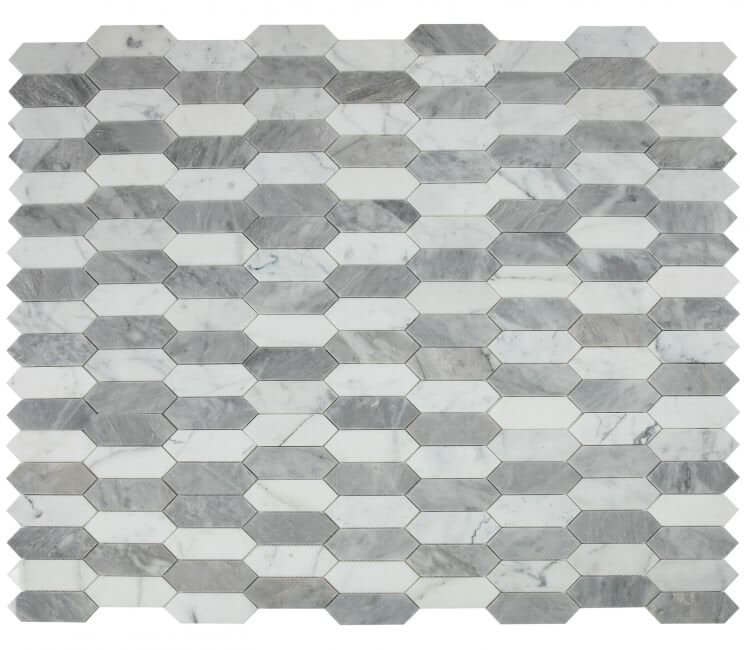 Elongated Hex Dusk mosaic tile, 11.75x15, Carrara and Bardiglio marble, polished grey and white finish.
