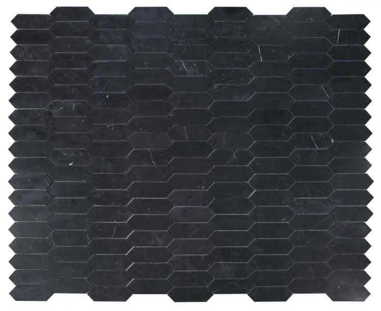 Elongated Hex Marquina 11.75x15 black marble mosaic tile with honed finish, perfect for modern decor.