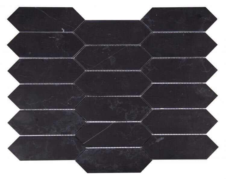 Elongated Hex Marquina marble tiles in honed black finish, 11.75 x 15 inches, suitable for stylish mosaics.