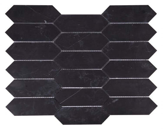 Elongated Hex Marquina marble tiles in honed black finish, 11.75 x 15 inches, suitable for stylish mosaics.