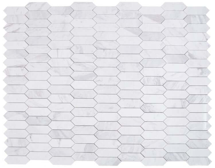 Elongated Hex White marble mosaic tiles 11.75x15, polished finish, 3/8" thick, lightweight, ideal for modern decor.