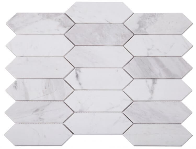 Elongated Hex White 11.75x15 marble mosaic tiles featuring polished Volakas white stone.