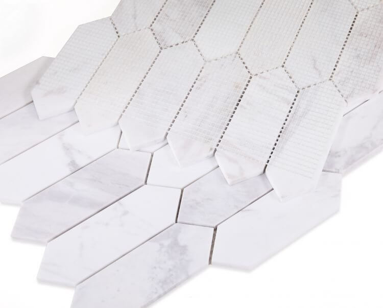 Elongated Hex White tile in polished marble finish, 11.75x15, featuring long hexagon shapes, perfect for modern interiors.