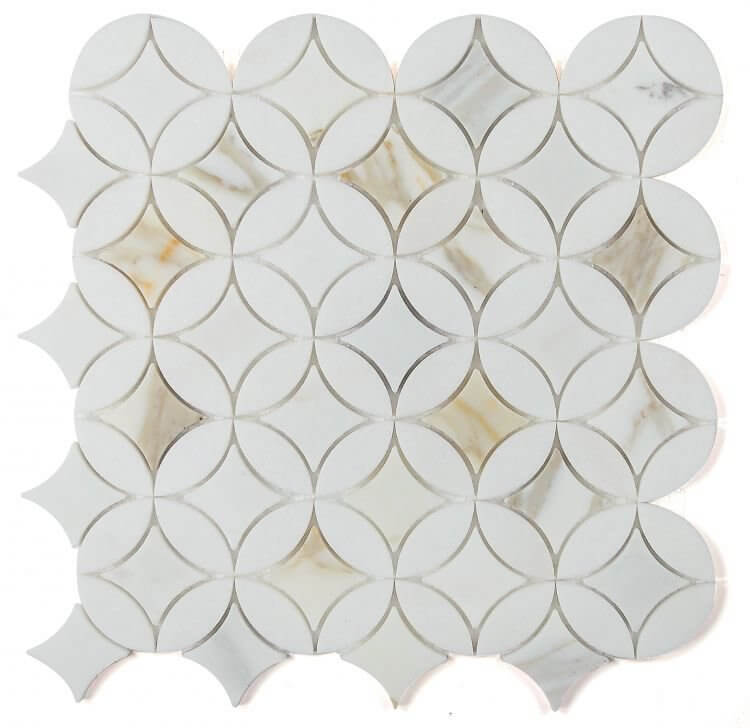 Embrace Calacatta Gold mosaic tiles, 11.75 x 11.75, featuring white and gold patterns, ideal for elegant spaces.