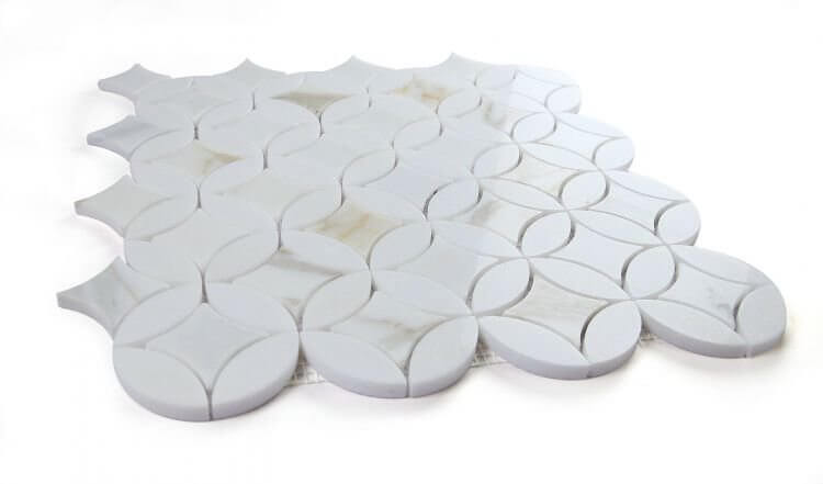 Embrace Calacatta Gold marble mosaic tile sheet 11.75 x 11.75 with white and gold design.