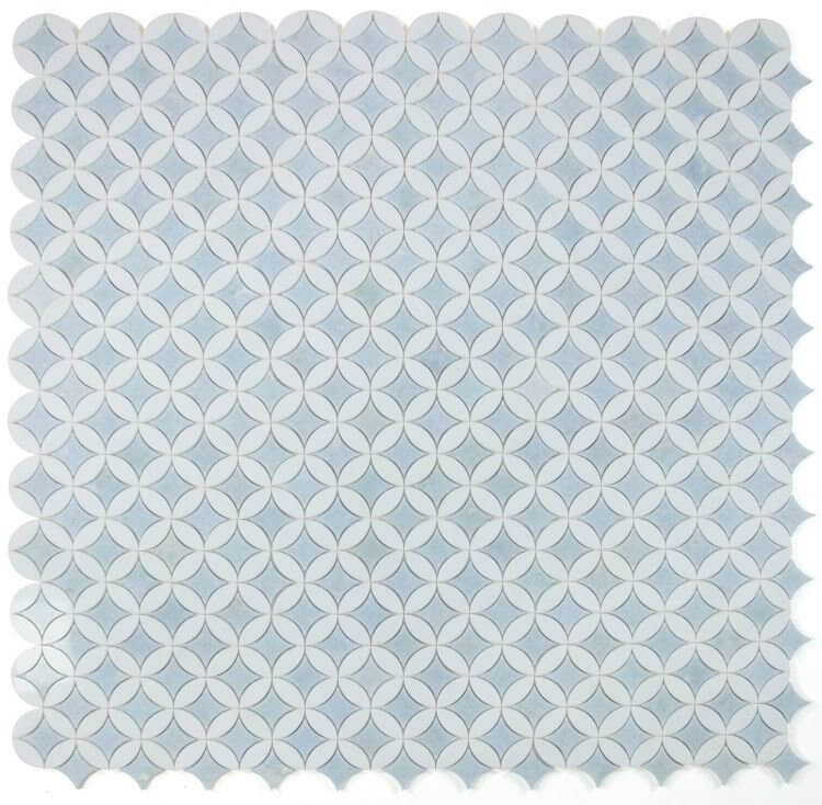 Embrace Crystal Ocean mosaic tile in blue and white, 11.75" x 11.75" marble, 3/8" thickness, ideal for elegant designs.
