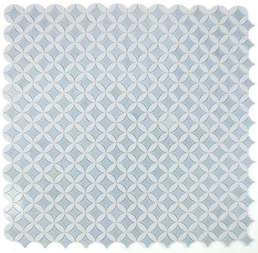 Embrace Crystal Ocean mosaic tile in blue and white, 11.75" x 11.75" marble, 3/8" thickness, ideal for elegant designs.