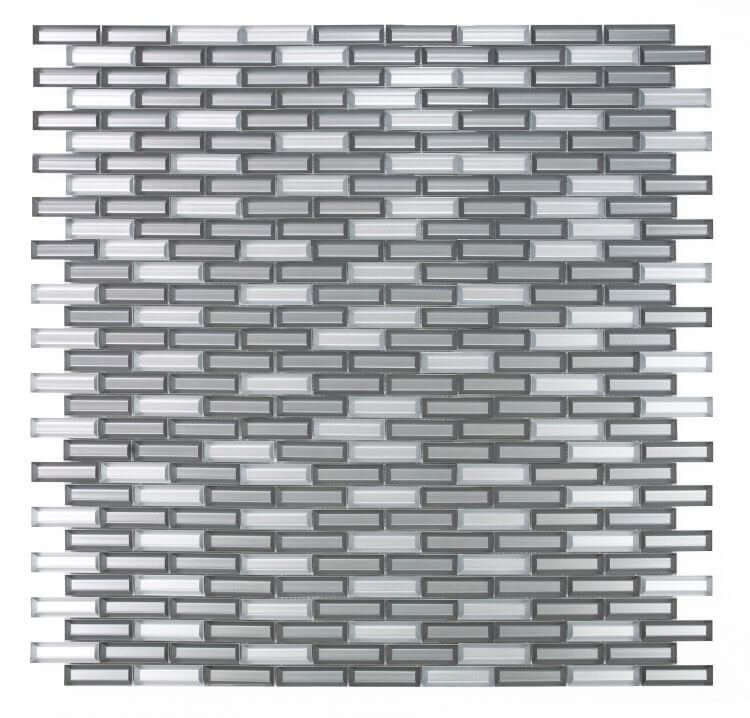 Fierro Cinder 11.75x11.75 glass mosaic tile in linear subway pattern, mixed silver and grey, glossy finish.
