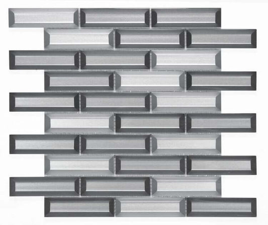 Fierro Cinder 11.75x11.75 mixed glass tiles in silver and grey subway pattern with glossy finish.