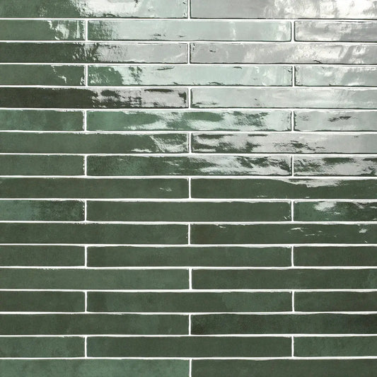 Flamenco 2"x18" Racing Green Brick Look Glossy Porcelain Wall Tile - Hey Tiles