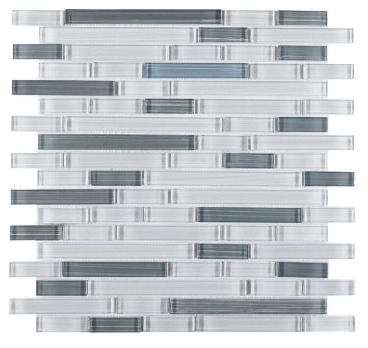 Light grey and grey bamboo glass mosaic tile with iridescent effect in offset layout.