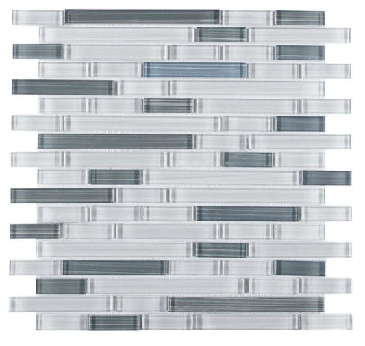 Light grey and grey bamboo glass mosaic tile with iridescent effect in offset layout.
